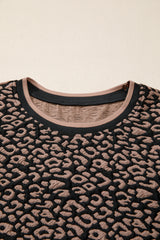 Black Leopard Print Bubble Sleeve Shift Mini Dress