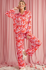 Pink Allover Bow Print Button Up and Loose Pants Pajama Set