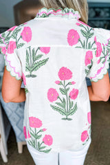 Blue Wild Flower Print Contrast Trim Scallop Detail Short Sleeve Blouse