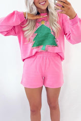 Sachet Pink Plaid Christmas Tree Patched Pullover 2pcs Shorts Set