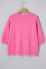 Sachet Pink Big Ribbon Bow Print Contrast Stitch Trim Drop Shoulder Sweater