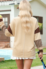 Light French Beige Football Sequins Patch Striped Patchwork Polo Sweatshirt