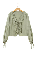 Meadow Mist Green Bow Tie Front Ruffle Trim V Neck Long Sleeve Blouse