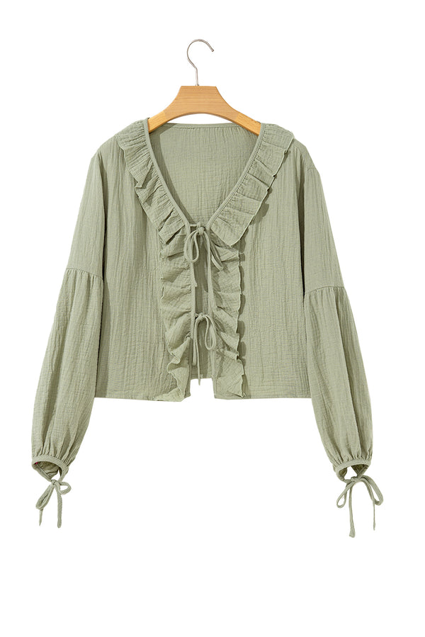 Meadow Mist Green Bow Tie Front Ruffle Trim V Neck Long Sleeve Blouse