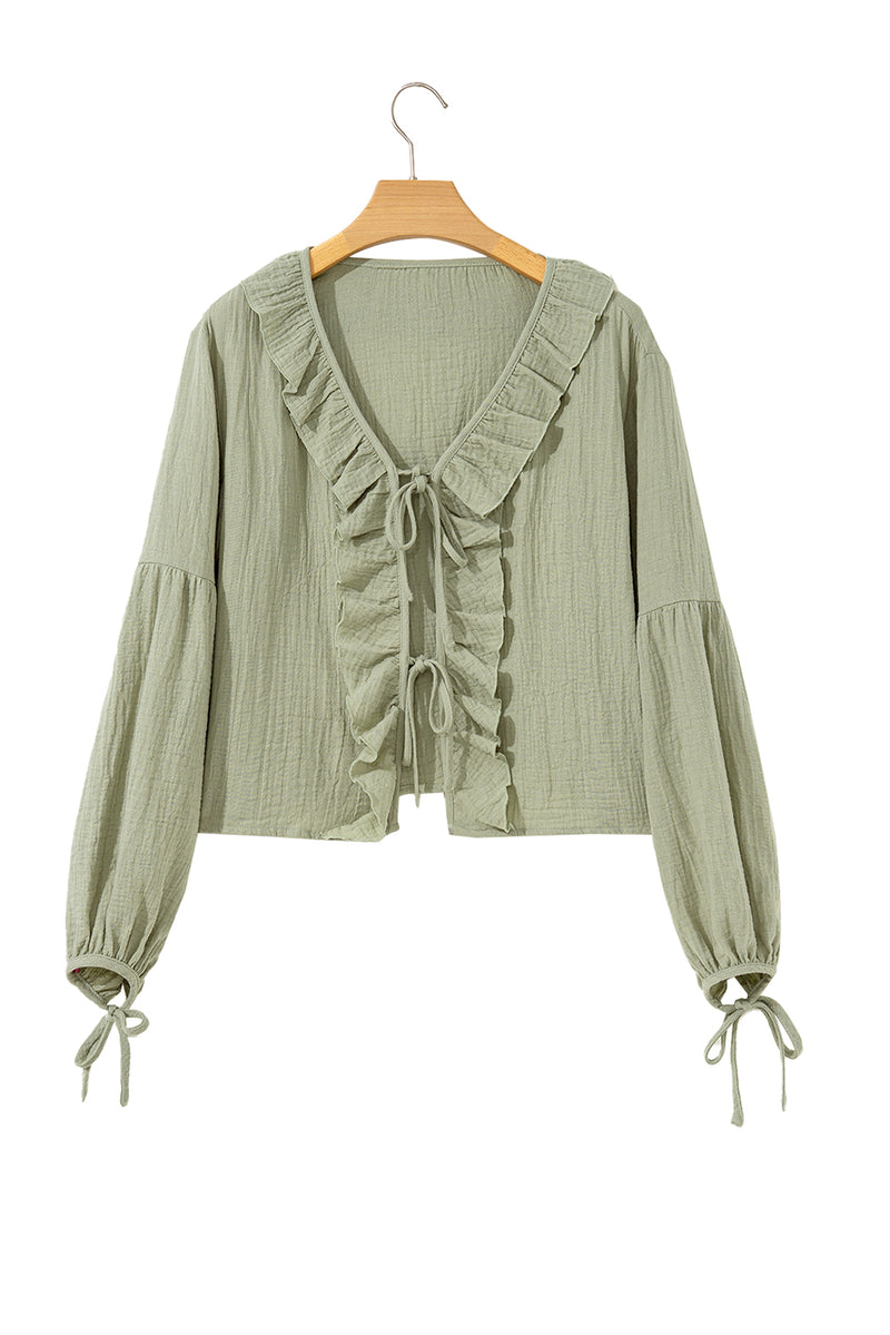 Meadow Mist Green Bow Tie Front Ruffle Trim V Neck Long Sleeve Blouse