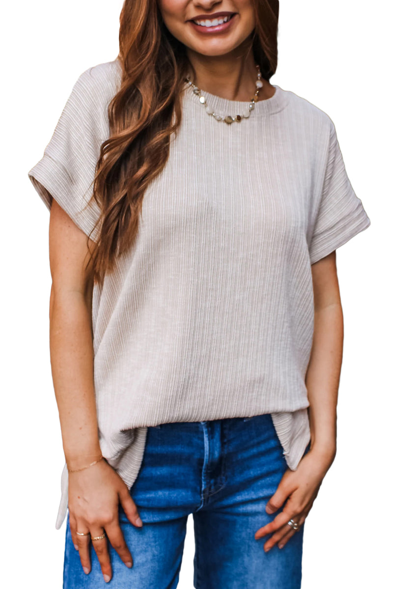 Jet Stream Textured Side Slits Short Sleeve Top