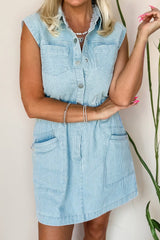 Sky Blue Stripe Collared Button Front Sleeveless Denim Mini Dress