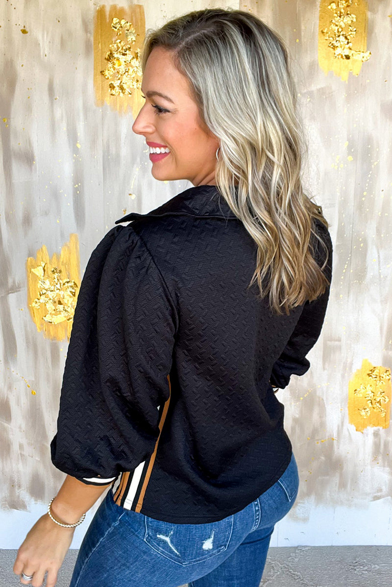 Blackish Green Textured V Neck Colorblock Cuffs Sweatshirt