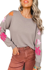 Beige Embroidered Floral Sleeve Round Neck Loose Sweater