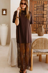Red Sandalwood Floral Patchwork Short Sleeve T Shirt Loose Maxi Dress