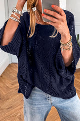 Navy Blue Hollow Out Knit 3/4 Sleeve Loose Sweater