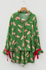 Green Christmas Candy Contrast Trim Bow Knot Silky 2pcs Pajama Set