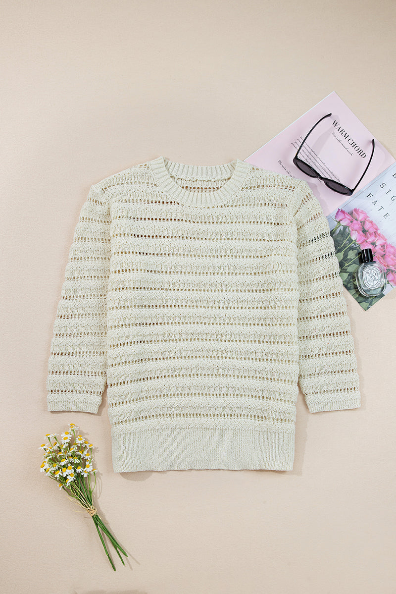 White Hollow Out Knit Round Neck Sweater