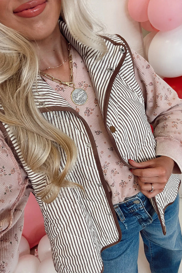 Brown Striped Snap Button Scalloped Hem Winter Vest