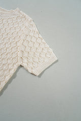 Beige Hollow Out Crochet Short Sleeve Knit Tee