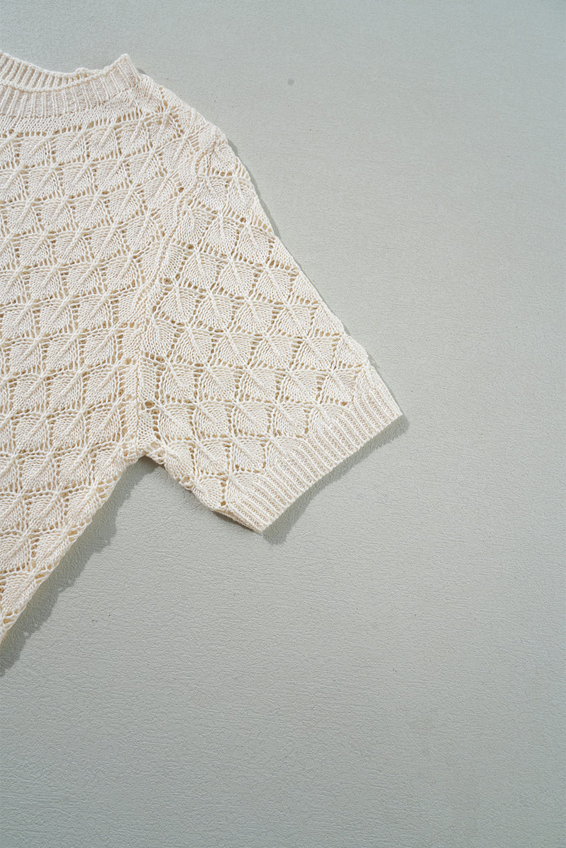 Beige Hollow Out Crochet Short Sleeve Knit Tee