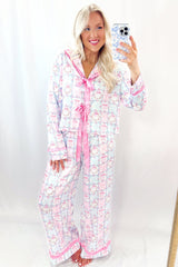 Pink Bow Wreath Pattern Christmas Holiday Bow Tie Front Pajama Set