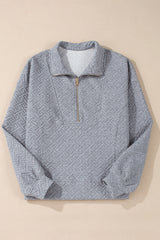 Beige Solid Textured Half Zipper Collared Sweatshirt