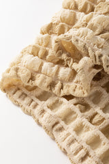Beige Textured Frill Trim Smocked Puff Sleeve T Shirt