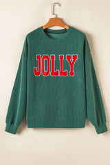 Evergreen Crinkle Rib JOLLY Pattern Long Sleeve Top and Pockets Pants Set