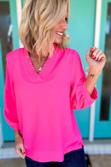 Sky Blue Frill V Neckline Puff Sleeve Crinkled Blouse