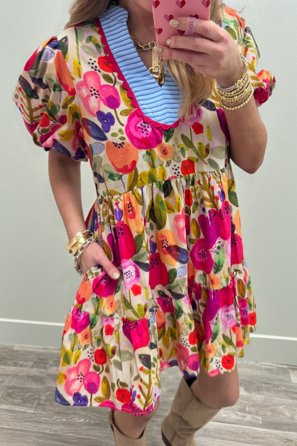 Rose Bright Floral Print Ricrac Trim Striped Patchwork V Neck Dress