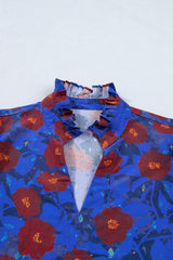 Blue Ruffled Short Balloon Sleeve Frilled V Neck Floral Blouse
