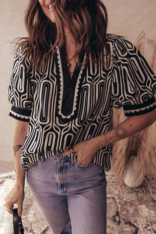 Black Geometric Print Contrast Scallop Color Block Patchwork Short Sleeve Blouse