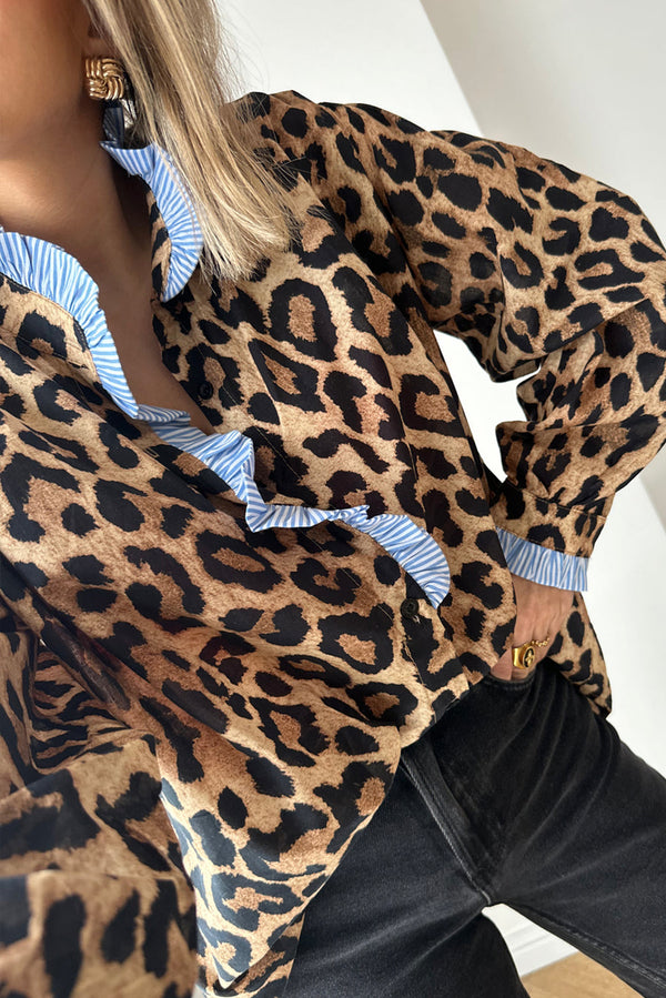 Brown Leopard Print Striped Frill Neck Button Long Sleeve Shirt