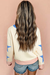 Beige Contrast Trim Sequin Football Graphic Star Patched Sleeve Sweatshirt
