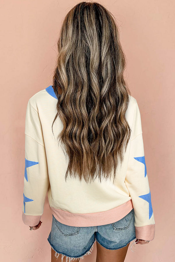 Beige Contrast Trim Sequin Football Graphic Star Patched Sleeve Sweatshirt