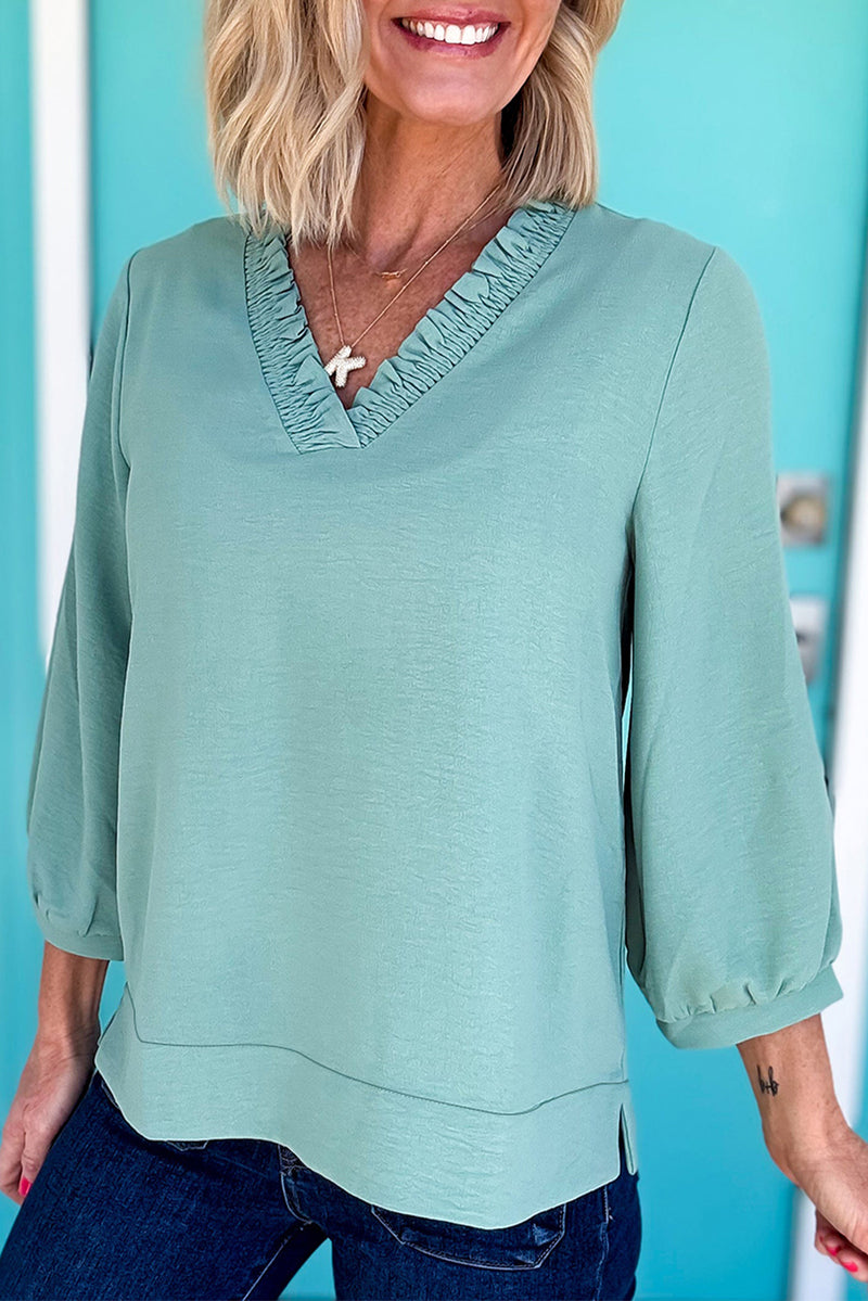 Sky Blue Frill V Neckline Puff Sleeve Crinkled Blouse