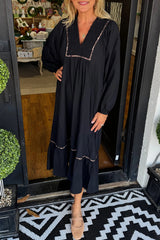 Black Collared V Neck Shirred Detail Contrast Leopard Trim Long Dress