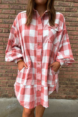 Pink Plaid Oversized Raw Hem Long Sleeve Dress