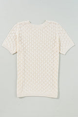 Beige Hollow Out Crochet Short Sleeve Knit Tee