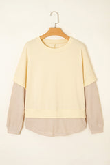 Apricot Fake Two-Piece Waffle Patchwork Sweatshirt