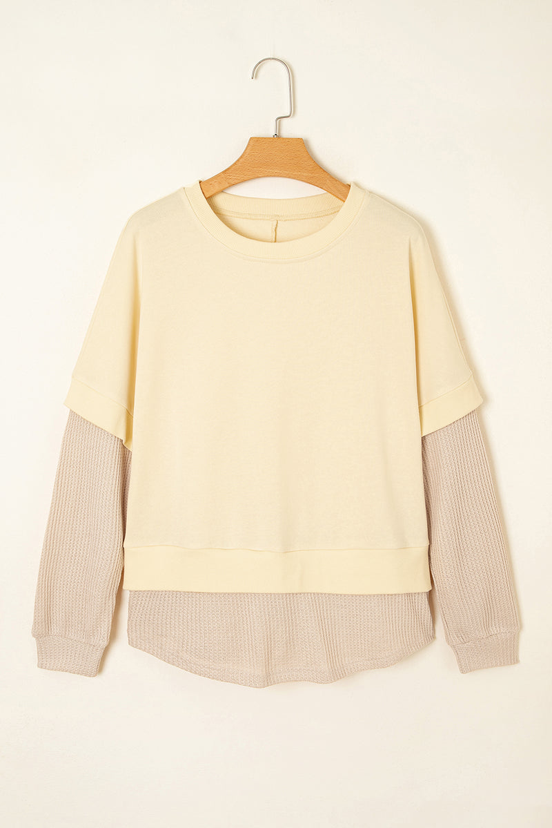 Apricot Fake Two-Piece Waffle Patchwork Sweatshirt