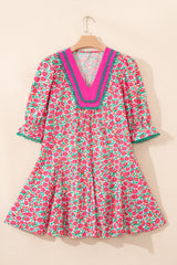 Pink Floral Print V Neck Patchwork Short Bubble Sleeve Mini Dress