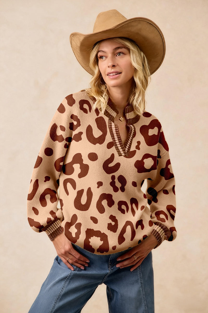 Light French Beige Leopard Printed Knit V Neck Sweater
