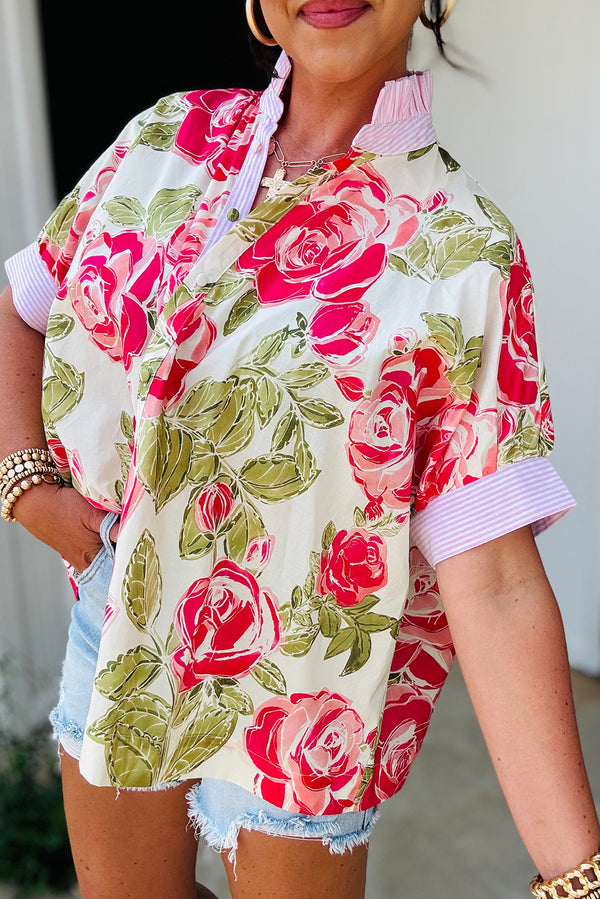 Pink Flower Print Striped Trim Frilled Collar Short Sleeve Shirt