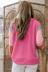 Rose Red Corded Texture Plaid Patchwork Split Neck Long Sleeve Top