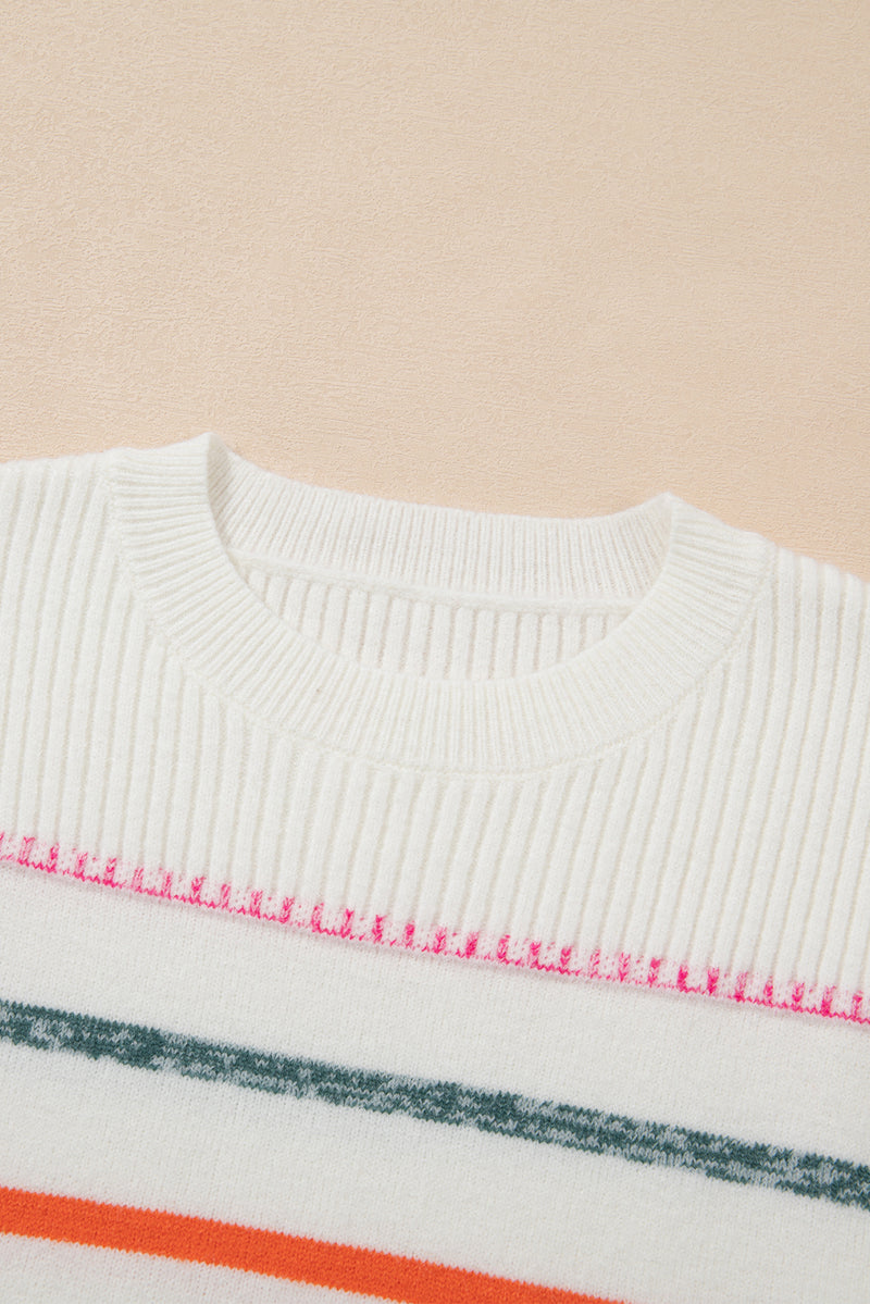 Black Colorful Striped Ribbed Trim Round Neck Sweater