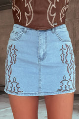 Beau Blue Abstract Embroidered Denim Mini Skirt
