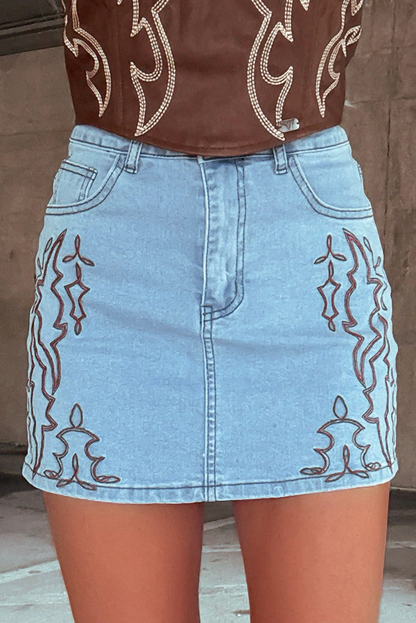 Beau Blue Abstract Embroidered Denim Mini Skirt