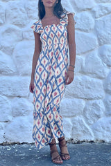 Sky Blue Ethnic Geometric Print Square Neck Smocked High Waist Ruffle Sleeve Dress