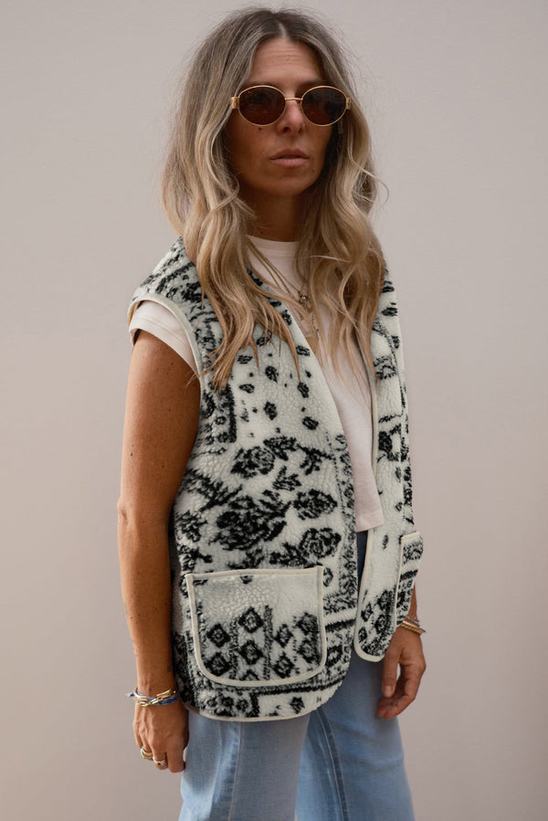 Beige Sherpa Paisley Print Pocketed Fashion Vest Jacket