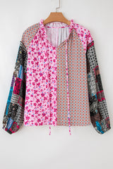 Pink Boho Mixed Floral Patchwork Drop Shoulder Bubble Sleeve Blouse