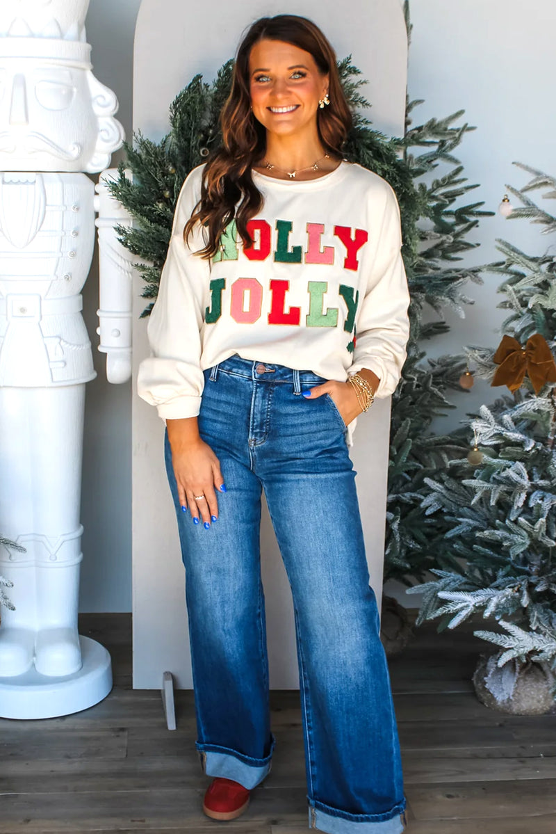 White Cream Collage Letter Christmas Pullover Sweatshirt