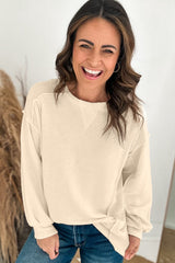Beige Plain Exposed Seam Round Neck Pullover Sweatshirt