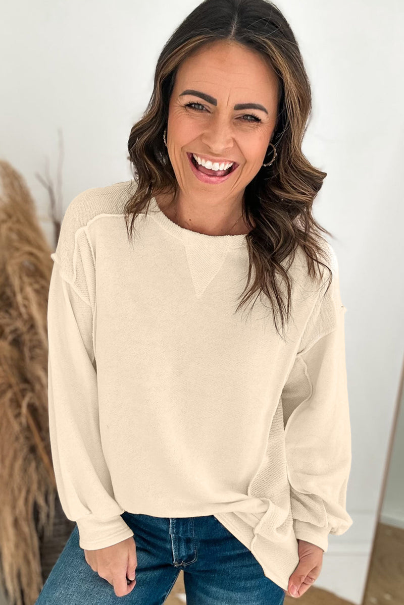 Beige Plain Exposed Seam Round Neck Pullover Sweatshirt